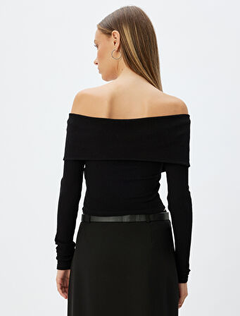 Crop Tişört Uzun Kollu Fermuarlı Fitilli Omzu Açık Slim Fit