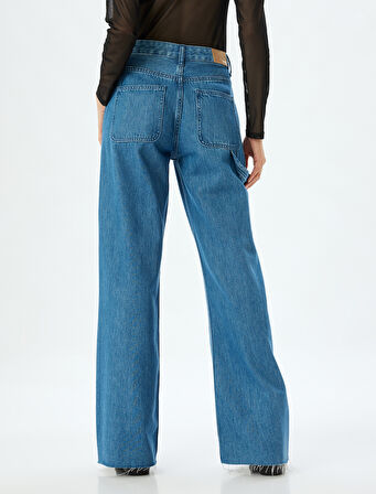 Geniş Paça Kot Pantolon Cep Detaylı Normal Bel Kesik Paça Pamuklu - Wide Leg Jeans