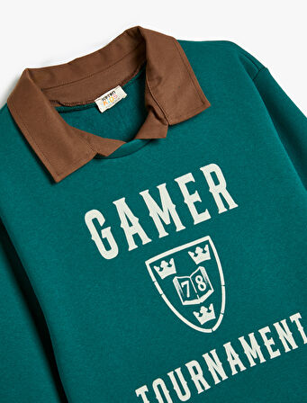 Gömlek Yaka Sweatshirt Baskı Detaylı Uzun Kollu