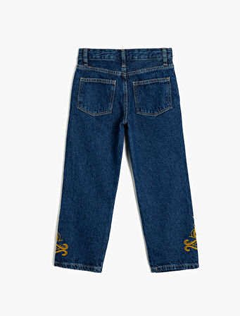 İşlemeli Kot Pantolon Düz Paça Cepli Pamuklu- Straight Jean