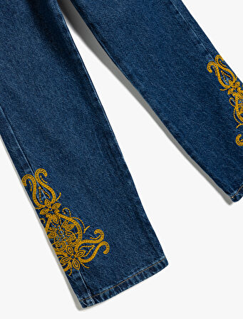 İşlemeli Kot Pantolon Düz Paça Cepli Pamuklu- Straight Jean