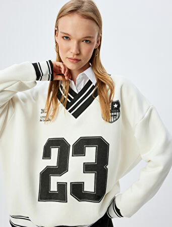 Oversize Sweatshirt V Yaka Biyeli Kolej Baskılı