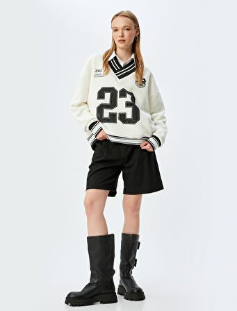 Oversize Sweatshirt V Yaka Biyeli Kolej Baskılı