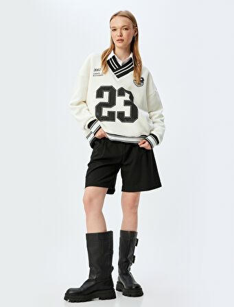 Oversize Sweatshirt V Yaka Biyeli Kolej Baskılı