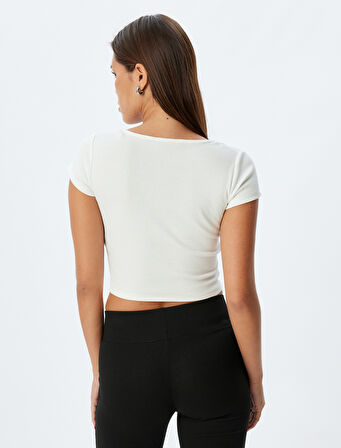 Örme Crop Pijama Üstü Kısa Kollu U Yaka Baskı Detaylı Pamuklu