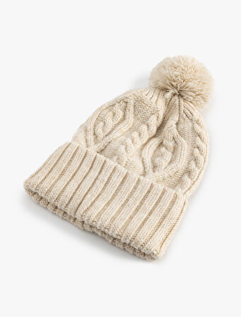 Saç Örgü Dokulu Pon Pon Detaylı Katlı Bere