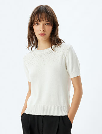 Taşlı Triko Kazak Kısa Kollu Bisiklet Yaka