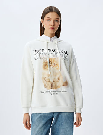 Kedi Baskılı Kapüşonlu Rahat Kalıp Şardonlu Sweatshirt