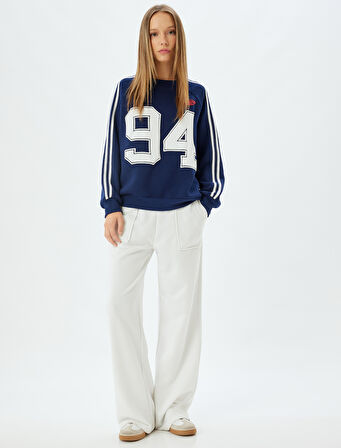 Oversize Sweatshirt Kolej Nakışlı Bisiklet Yaka Biyeli