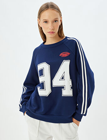 Oversize Sweatshirt Kolej Nakışlı Bisiklet Yaka Biyeli