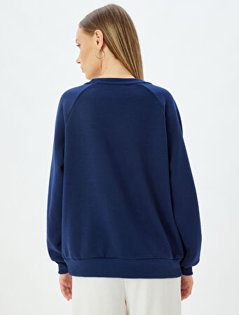 Oversize Sweatshirt Kolej Nakışlı Bisiklet Yaka Biyeli