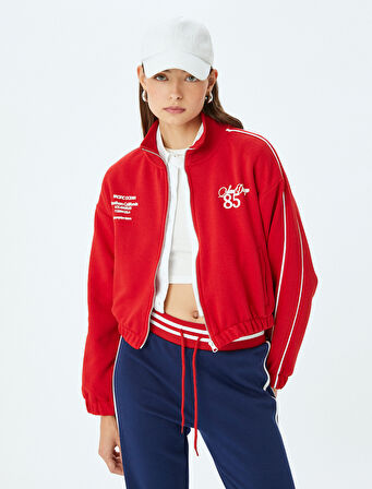 Arkası Baskılı Dik Yaka Fermuarlı Biyeli Şardonlu Oversize Sweatshirt