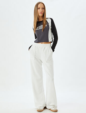 Crop Tişört Uzun Kollu Slogan Baskılı Renk Bloklu Bisiklet Yaka Slim Fit