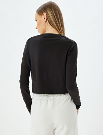 Crop Tişört Uzun Kollu Slogan Baskılı Renk Bloklu Bisiklet Yaka Slim Fit