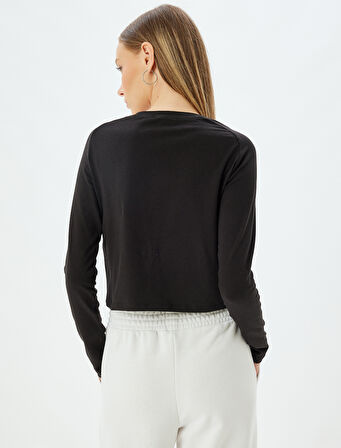Crop Tişört Uzun Kollu Slogan Baskılı Renk Bloklu Bisiklet Yaka Slim Fit