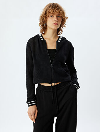 Crop Sweatshirt Fermuarlı Kapüşonlu Ajurlu Uzun Kollu Biyeli