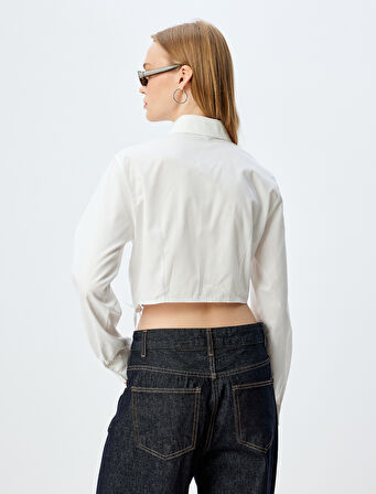 Uzun Kollu Crop Gömlek Klasik Yaka Kuşgözü Detaylı Bağcıklı Slim Fit