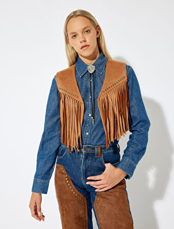 Süet Görünümlü Yelek Kolsuz V Yaka Püsküllü Metal Boncuk Detaylı