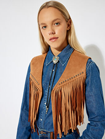 Süet Görünümlü Yelek Kolsuz V Yaka Püsküllü Metal Boncuk Detaylı