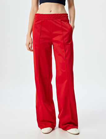 Geniş Paça Nervürlü Beli Lastikli Biyeli Cep Detaylı Eşofman Pantolon