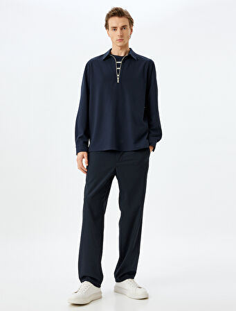 Yarım Fermuarlı Gömlek Uzun Kollu Viskon Karışımlı