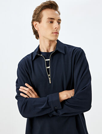 Yarım Fermuarlı Gömlek Uzun Kollu Viskon Karışımlı