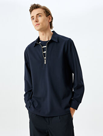 Yarım Fermuarlı Gömlek Uzun Kollu Viskon Karışımlı