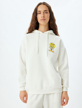 Tweety Oversize Sweatshirt Kapüşonlu Arkası Baskılı Lisanslı