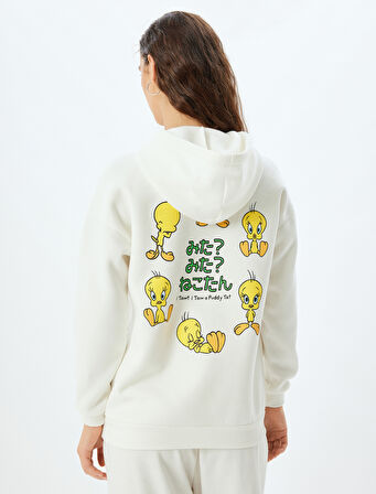 Tweety Oversize Sweatshirt Kapüşonlu Arkası Baskılı Lisanslı