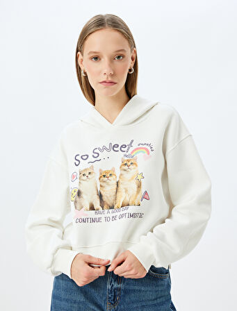 Kapüşonlu Kedi Baskılı Şardonlu Rahat Kalıp Crop Sweatshirt