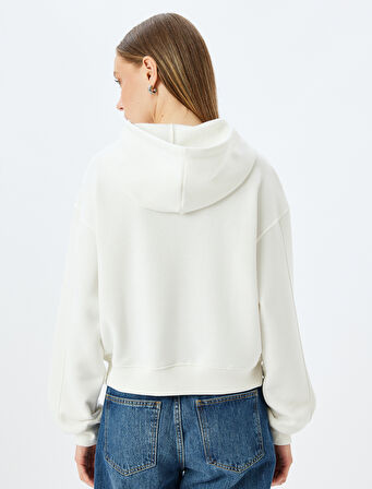 Kapüşonlu Kedi Baskılı Şardonlu Rahat Kalıp Crop Sweatshirt