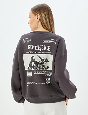 Şardonlu Beetlejuice Oversize Sweatshirt Arkası Baskılı Bisiklet Yaka Lisanslı