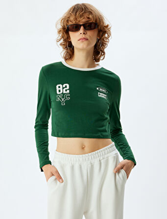 Crop Tişört Arkası Kolej Baskılı Bisiklet Yaka Biyeli Slim Fit