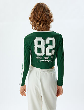 Crop Tişört Arkası Kolej Baskılı Bisiklet Yaka Biyeli Slim Fit