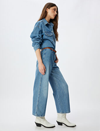 Geniş Kısa Paça Kot Pantolon Yüksek Bel Kemer Detaylı Düğmeli - Wide Leg Jeans