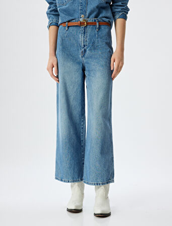 Geniş Kısa Paça Kot Pantolon Yüksek Bel Kemer Detaylı Düğmeli - Wide Leg Jeans