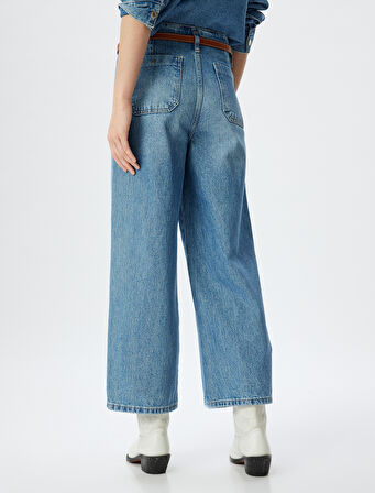 Geniş Kısa Paça Kot Pantolon Yüksek Bel Kemer Detaylı Düğmeli - Wide Leg Jeans