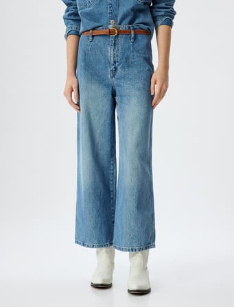 Geniş Kısa Paça Kot Pantolon Yüksek Bel Kemer Detaylı Düğmeli - Wide Leg Jeans