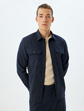 Uzun Kollu Gömlek Kapaklı Cep Detaylı Viskon Karışımlı