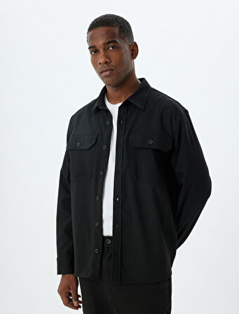 Uzun Kollu Gömlek Kapaklı Cep Detaylı Viskon Karışımlı