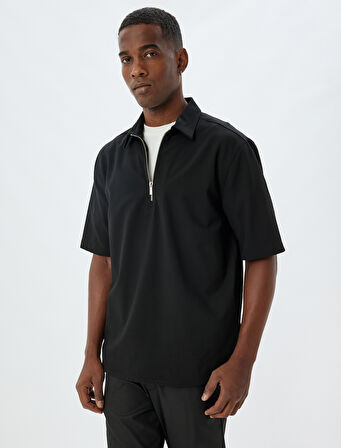 Kısa Kollu Viskon Karışımlı Regular Fit Yarım Fermuarlı Tişört