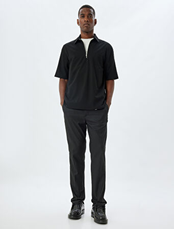 Kısa Kollu Viskon Karışımlı Regular Fit Yarım Fermuarlı Tişört