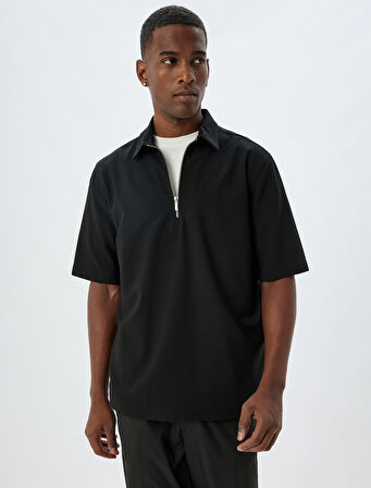 Kısa Kollu Viskon Karışımlı Regular Fit Yarım Fermuarlı Tişört