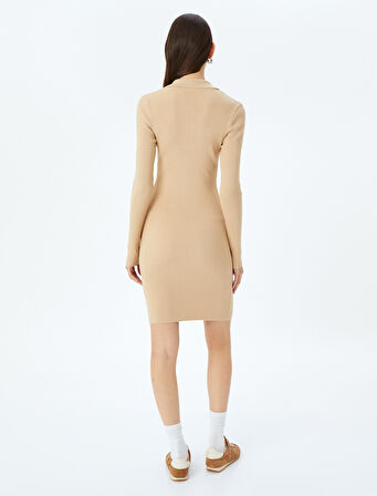 Düğmeli Uzun Kollu Mini Polo Yaka Triko Elbise