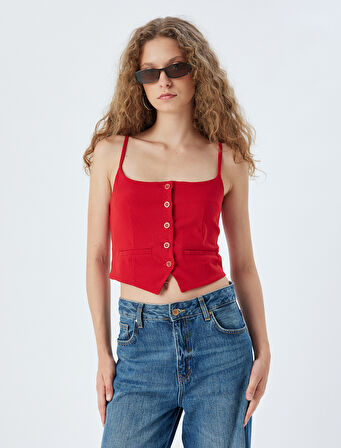 Crop Yelek Düğmeli İp Askılı Kare Yaka Cep Detaylı Slim Fit