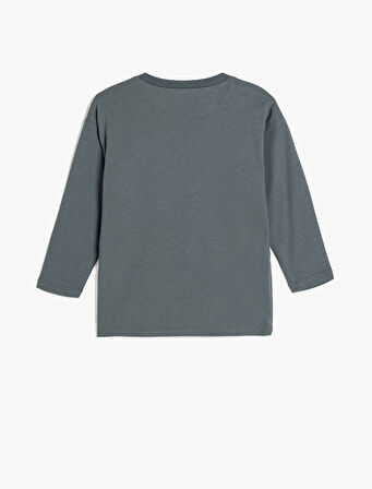 Tişört Baskı Detaylı Uzun Kollu Bisiklet Yaka Pamuklu