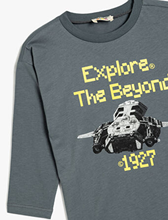 Tişört Baskı Detaylı Uzun Kollu Bisiklet Yaka Pamuklu