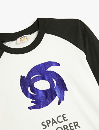 Tişört Baskı Detaylı Uzun Kollu Bisiklet Yaka Pamuklu