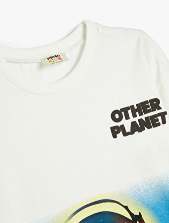 Tişört Uzun Kollu Bisiklet Yaka Astronot Baskılı Pamuklu