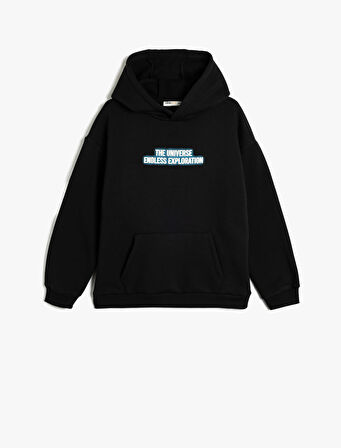 Kapşonlu Sweatshirt Slogan Baskılı Uzun Kollu Şardonlu